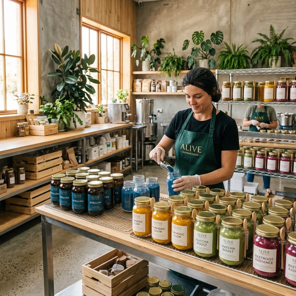 GlowLustre manufacturing facility — clean, artisan superfood production