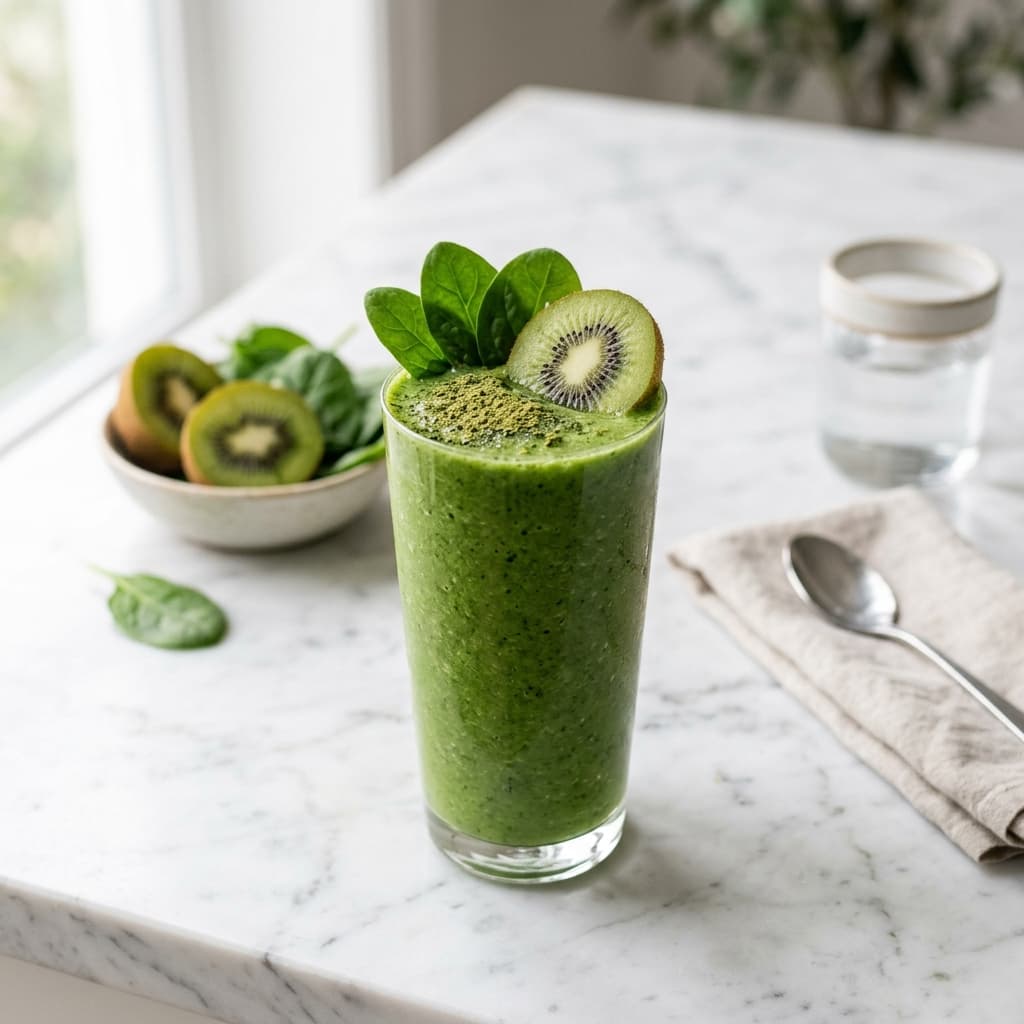 Green smoothie representing Wheatgrass & Moringa